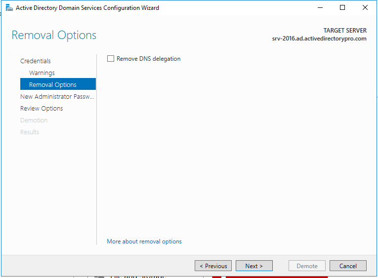 Removal options page - DNS delegation