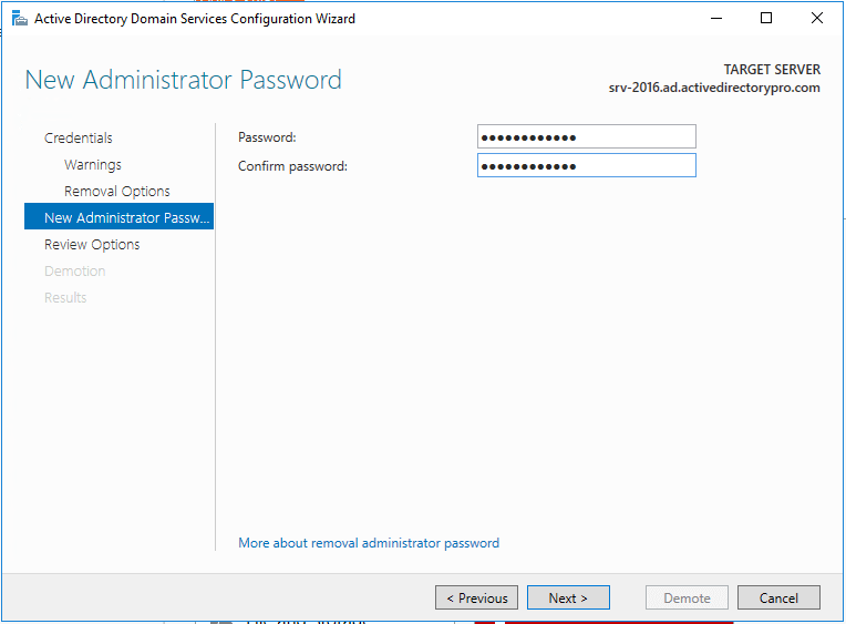 New administrator password page