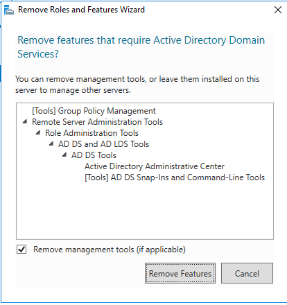 Popup - remove features that require AD DS