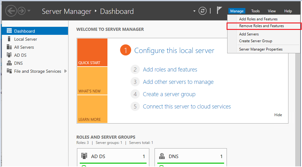 Manage menu - Remove Roles and Features
