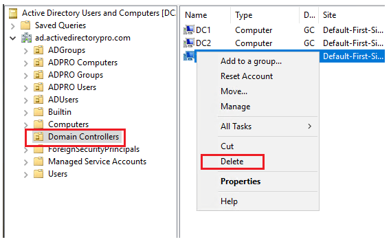 Domain Controllers OU - right-click Delete